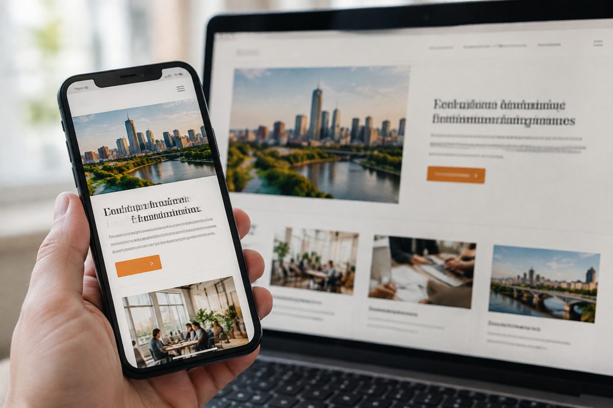 A business website arranged for a phone and a larger screen